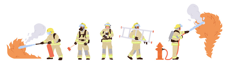 Brave firefighters team members cartoon characters in action vector illustration set isolated on white background. Emergency rescue service with confident heroes saving from fire burning flames