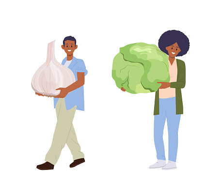 Happy man and woman cartoon characters holding huge garlic and cabbage head in hands isolated on white background. Seasonal menu, eco food for diet, natural vegetarian meal vector illustration