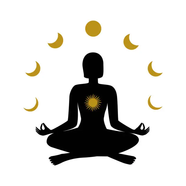 Vector illustration of A woman meditates. Phases of the moon around the body.