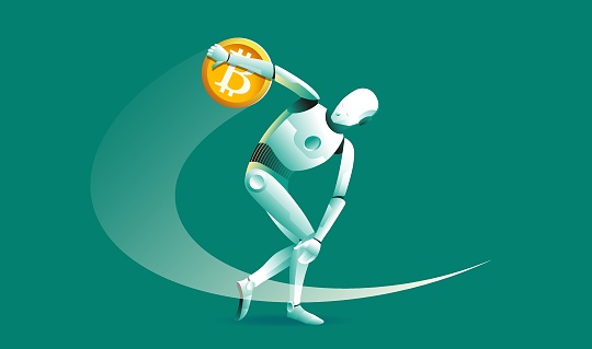 Robot discobolus going to throw bitcoin
. Fintech, ai and finance issues, cryptocurrency concept. Vector illustration.