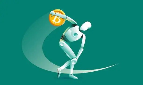 Vector illustration of Robot discobolus going to throw bitcoin