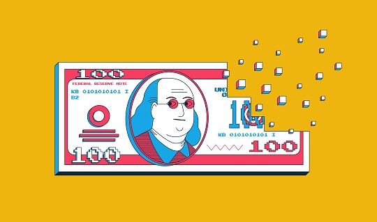 PLayful 100 dollar banknote turning into pixels. Digital banking, fintech, e-commerce concept. Vector illustration.