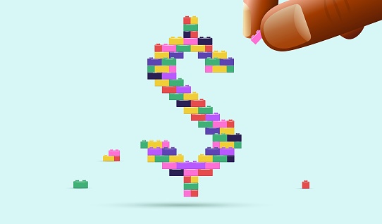 Hand assembling dollar 
symbol from toy bricks. Finance, money, fintech concept. Vector illustration.