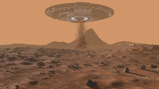istock Flying saucer above mars landscape 2147566472