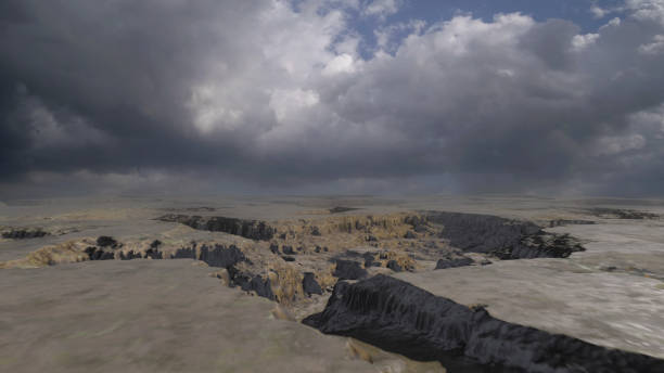 istock Flying above rocky desert flat landscape with dry river 2147566606
