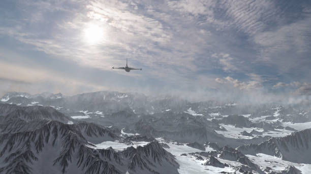 istock Jet airplane flying above snowy landscape 2147567595