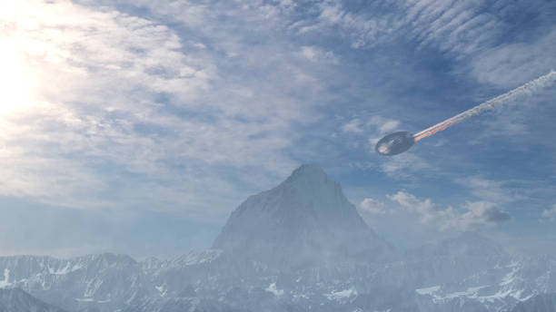 istock UFO saucer falling behind mountains, aerial view 2147567635
