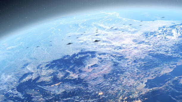 istock Flying Saucer UFO's fleet heading Earth 2147567714