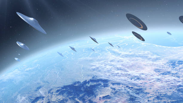 istock Flying Saucer UFO's fleet heading Earth 2147567715