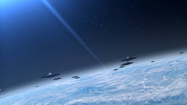 istock Flying Saucer UFO's fleet heading Earth 2147567742