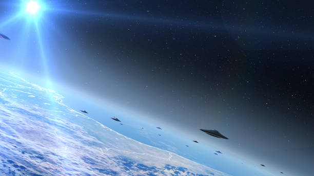 istock Flying Saucer UFO's fleet heading Earth 2147567744