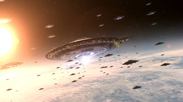 istock Many ufo's flying toward mothership above earth in grid formation 2147567775
