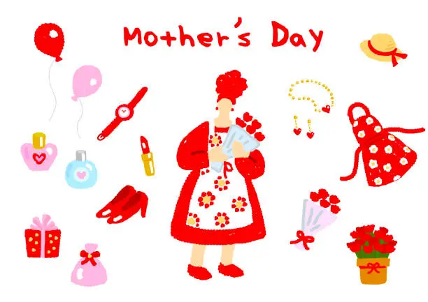 Vector illustration of Flat illustration set of a mother with a bouquet of carnations and various Mother's Day gifts