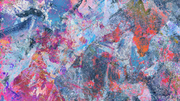 High resolution old weathered polychrome concrete wall detail, coated with multiple layers of various paints, applied through the years randomly one on top of the other, slowly cracking and peeling off, run down by the elements, high resolution grunge background texture stock photo.