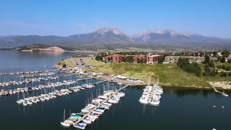 4k Aerial Drone Footage over Boat Marina Lake Dillon Reservoir near Silverthorne Keystone Colorado in Rocky Mountains