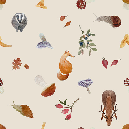 Wild animals and mushrooms watercolor seamless pattern isolated on on beige. Hand drawn high quality art with wild edible forest plant in flat style for woodland kids designs, wallpaper, food packages