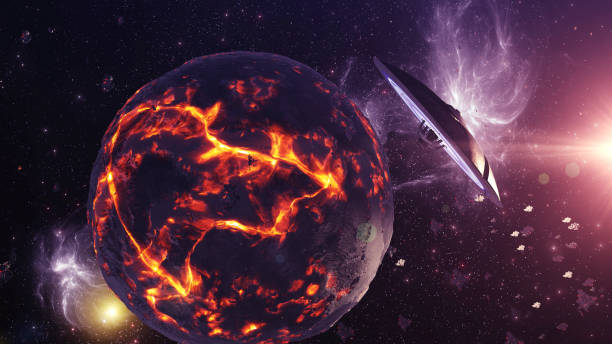 istock Massive alien saucer ufo near dead planet 2147568546
