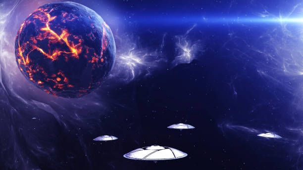 istock Alien flying saucer fleet in deep space near dead planet 2147568547