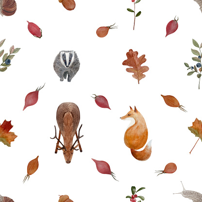Autumn forest wild plants and animals watercolor seamless pattern isolated on white. Hand drawn high quality art in simple flat style for woodland kids designs, wallpaper, wrapping paper and packages.