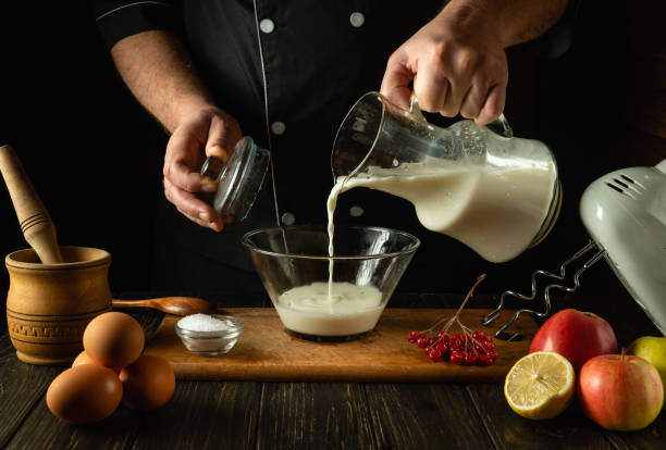 istock The chef prepares a delicious breakfast or lunch with eggs and milk. Menu idea for a restaurant or hotel. Dairy diet concept 2147569376