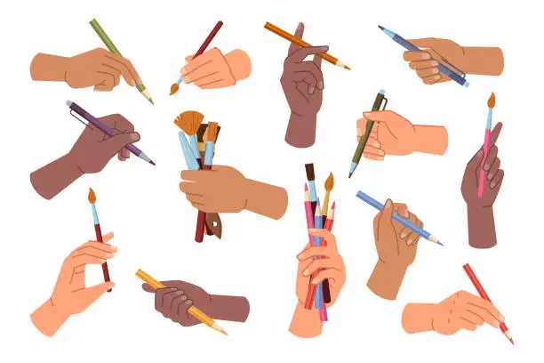 Vector illustration of Artist hand holding equipment and tools for creating drawings and paintings. Vector isolated set of arms with pencils, crayons and pens, brushes with different shape and thickness of bristle