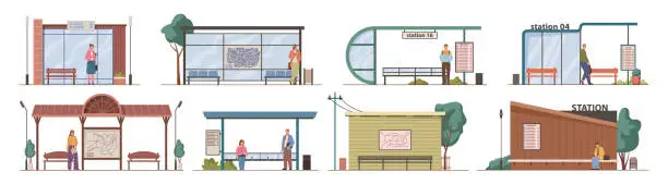 Vector illustration of Public transport stations and bus stops exterior with people and passengers. Vector isolated set of sheltered place with bench and seats to sit and wait for vehicle for commuting and traveling