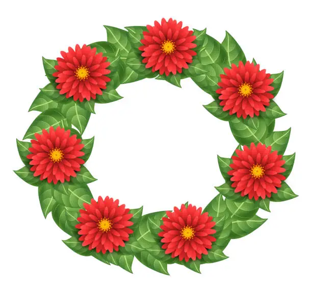 Vector illustration of Wreath of red flowers and green leaves. Round flower frame. Vector illustration isolated on white background.