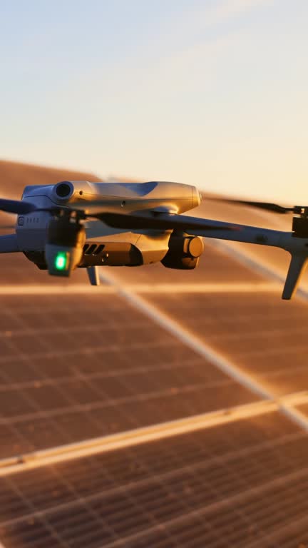 SLO MO Drone Flying Above Solar Panels Surveying at Solar Power Station at Sunset