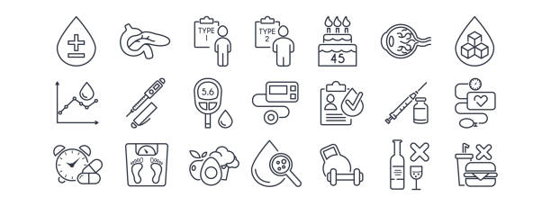 ilustrații de stoc cu set de pictograme pentru diabet și zahăr din sânge. glucoză, insulină, hiperglicemie, analiză, scară, gestațional, bolnav, medicament, seringă, stil de viață, retinopatie, test, ilustrare vectorială medicală. cursă editabilă. - diabet