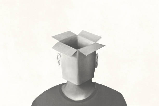 istock Illustration of portrait of surreal man with empty box over his head, abstract concept 2147572115