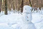 A clumsy, sad snowman among the trees in the forest. Sunny winter background in the park with empty space for text.