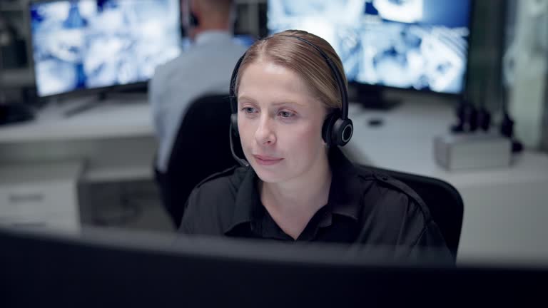 Emergency, call center and woman on computer for service, first responder and customer support. Telecommunication, surveillance office and person with headset for security, helpline and contact