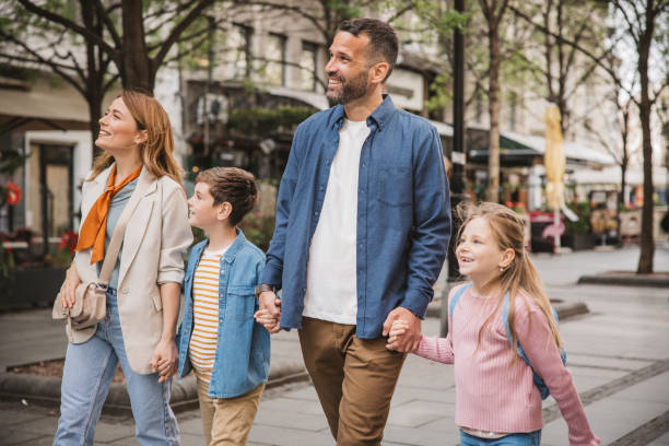 Family exploring city