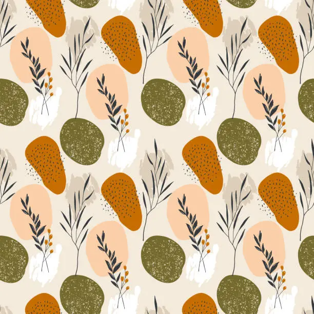 Vector illustration of Seamless pattern with hand-drawn leaves and branches and colorful background. Vector illustration in boho style.