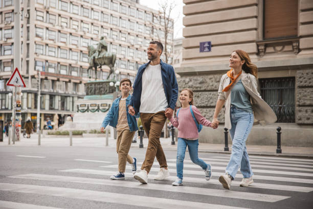 Family exploring city