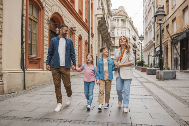 Family exploring city