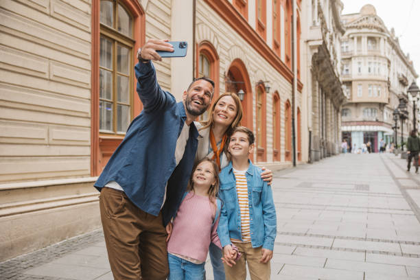 Family exploring city