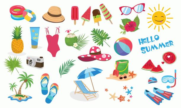 Summer vector, summer element Summer vector set. Summer element collection. Summer holiday beach. Cartoon flat vector isolated on white bạckground pineapple beach stock illustrations