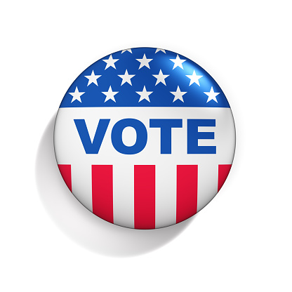 USA Vote icon. Badge with text VOTE and American flag isolated on the white background. Voting rights and elections 3d illustration.