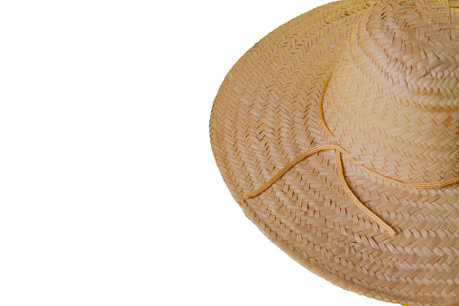 Straw hat on white background with summer theme. Space for text. Hat concept. Sombrero concept.