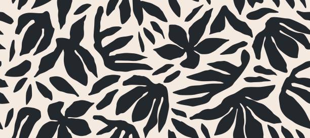 ilustraciones, imágenes clip art, dibujos animados e iconos de stock de hand drawn minimal abstract flowers. seamless patterns with organic shapes black and white color for fabric, textiles, clothing, wallpaper, cover, banner, home decor, florals backgrounds. vector illustration. - diseño de follaje
