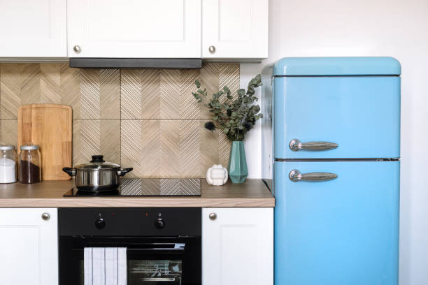 istock Front view of stylish nordic interior design in kitchen with blue refrigerator 2147582079
