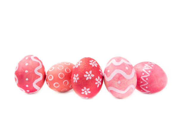 Easter eggs isolated on white background. Easter holiday concept. Handmade colorful shiny Easter eggs. Mother of pearl eggs.