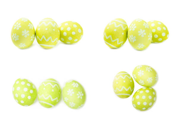 Easter eggs isolated on white background. Easter holiday concept. Handmade colorful shiny Easter eggs. Mother of pearl eggs.
