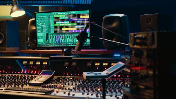 istock Music record studio control room with daw software used to mix and master audio 2147584353