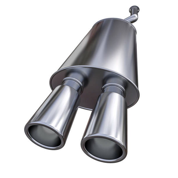 isolated steel car muffler on white. 3d render