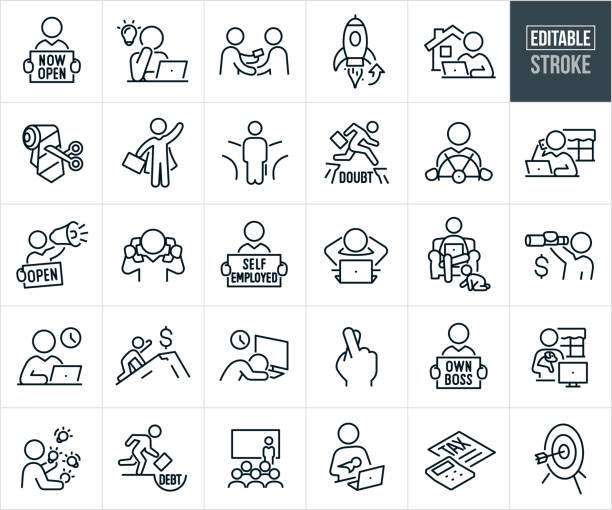 Self Employment And Independent Contractor Thin Line Icons - Editable Stroke A set of self employment and independent contractor icons that include editable strokes or outlines using the EPS vector file. The icons include a self-employed person holding a "now open" sign,  independent contractor conceptualizing from computer, self employed person networking by giving a business card to a colleague, rocket ship blasting off representing a business start-up, person working from home on laptop, scissor cutting a neck tie to represent self-employment and not needing to go to an office, small business owner wearing a cape and holding a briefcase, business person at a fork in the road debating on what path to take in his career, self employed person jumping over a cliff gap with the word "doubt" below, entrepreneur at helm of ship, entrepreneur working on computer from home, mother holding child in arms as she works on laptop in the comforts of her home, self-employed  person multi-tasking by talking on two office phones at once, person holding a "self-employed" sign, person with head behind hands relaxing as they work from home, mother working from home as her toddler crawls on the floor next to her, entrepreneur using a telescope to search for business opportunities, self-employed person working late at computer, entrepreneur crawling up mountain to reach a dollar sign at the top representing needed business funding, self employed person exhausted and asleep at computer from being overworked, fingers crossed that business startup works out, business person holding a sign reading "own boss," entrepreneur multitasking by juggling lightbulbs, entrepreneur running towards a pit of debt in the ground, self-employed person giving a presentation to try to earn business, self employment taxes and a target with an arrow in the bullseye. small business owner on computer stock illustrations