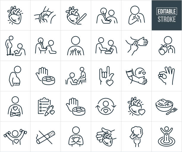 Cardiology Thin Line Icons - Editable Stroke A set cardiology icons that include editable strokes or outlines using the EPS vector file. The icons include a human heart, Atherosclerosis of the arteries, cholesterol in an artery, heart surgery, overweight person getting heart checked by a cardiologist using a stethoscope, person with chest pain experiencing a heart attack, overweight person standing on a scale in a doctors office, cardiologist using a stethoscope to check the breathing of a patient, beating human heart, overweight person with tape measure around waistline, stethoscope, person with wires on chest for EKG test, cardiologist taking the blood pressure of a patient, obese patient with tape measure around waist, nurse checking the heart of a sick patient, hand checking the pulse of a person in distress, cardiologist doctor holding out an apple as a healthy food option, broccoli on a fork, arm with blood pressure cuff, bowl of salad, hand resisting a doughnut, medical health questionnaire, hypertension medication, person exercising for a healthy heart, cardiologist giving patient with hypertension a medical exam, hearth health, love for a healthy heart, no smoking, healthy heart, and a person standing in the bulls-eye of a target with arms in the air from meeting health goal. cholesterol screening stock illustrations