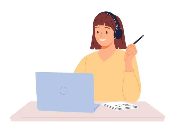 Vector illustration of Operator of call center in headset consulting customers online. Worker of helpline service working at desk with laptop.