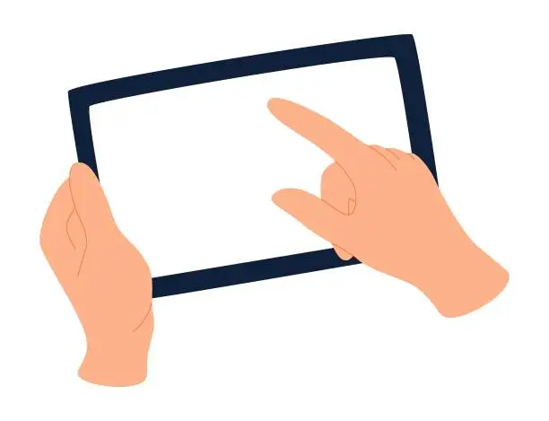 Vector illustration of Hand holding tablet PC, clicking on blank screen with finger. Arm using digital device, touching, pointing.